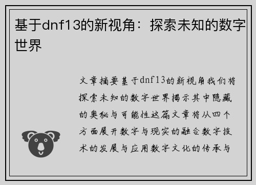 基于dnf13的新视角：探索未知的数字世界